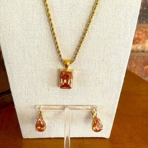 Citrine pendant necklace and tear drop earring set 925 sterling marked